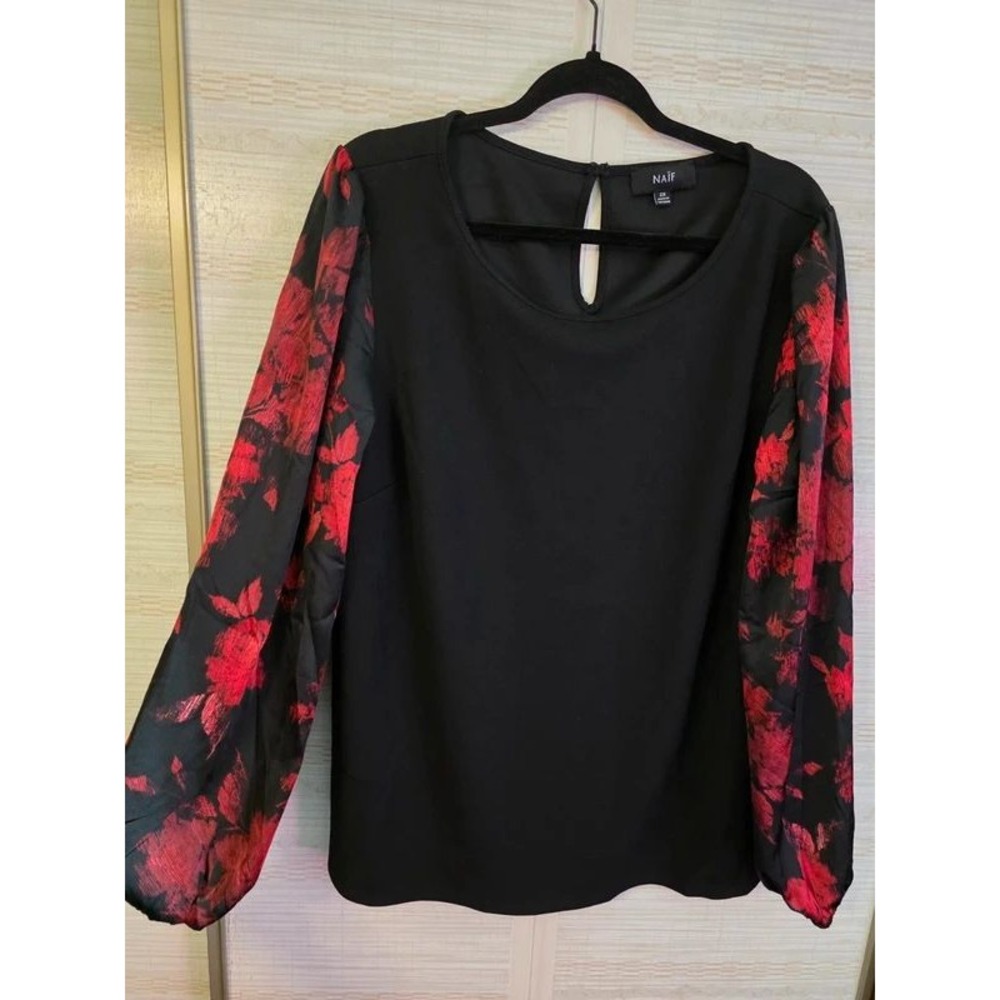 Naïf Womens 2X Blouse Black Red Floral Long Sleeve